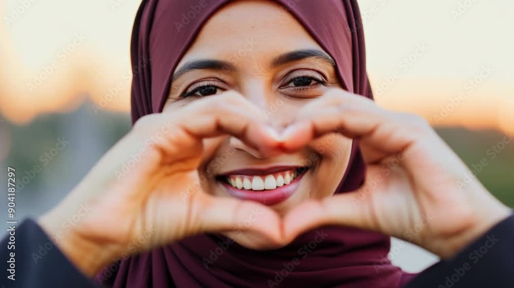Muslim woman in hijab looking through heart shaped joined fingers. Heart shape united hands frame Valentines Day romantic loving wife husband relationship love Muslim woman in hijab looking through heart shaped joined fingers. Heart shape united hands frame Valentines Day romantic loving wife husband relationship love