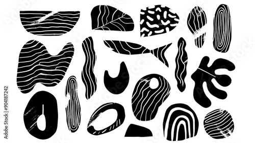 Geometric shapes underwater nature concept, linocut, doodle. Vector separated isolated on transparent background