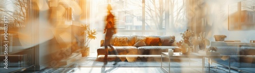 Blurry figure walks through an abstract, glowing hallway.