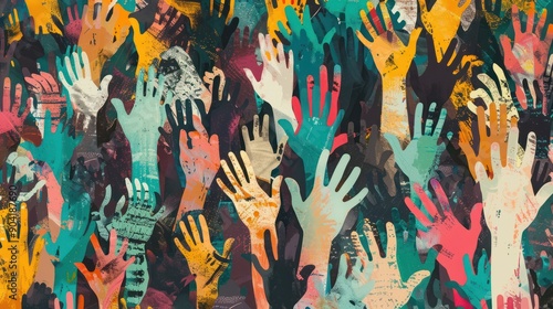 Diverse people hands abstract art seamless pattern. Multi-ethnic community raised hands, cultural diversity group crowd background illustration in modern collage painting style with arms up photo