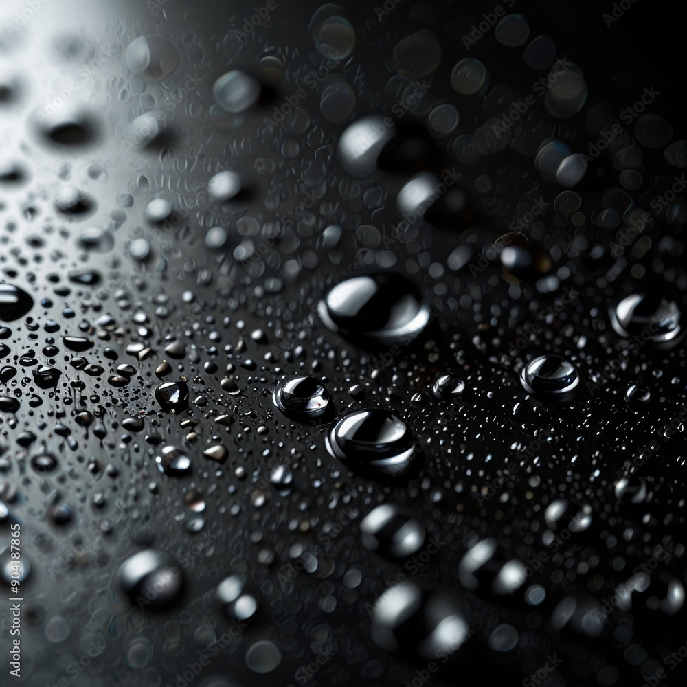A black glass surface with water drops on it, the drops are large and reflect the surrounding space A black glass surface with water drops on it, the drops are large and reflect the surrounding space