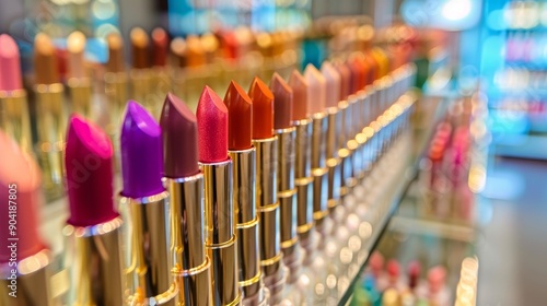 Row of colorful lipsticks displayed in a cosmetic store with a variety of shades