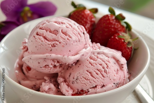 A serving of creamy vegan strawberry ice cream is artfully showcased with fresh strawberries and a purple flower in the backdrop, capturing the essence of a delightful and invigorating dessert