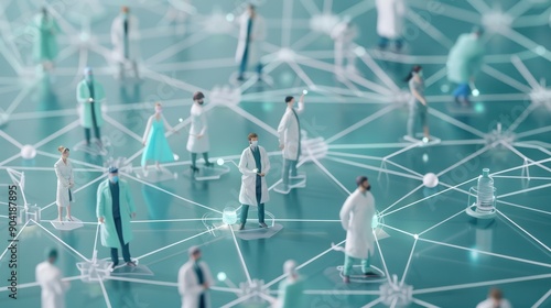 Doctors working together and medical teamwork and healthcare worker unity and global health partnership as a group of diverse medical workers connected together in 3D illustration style