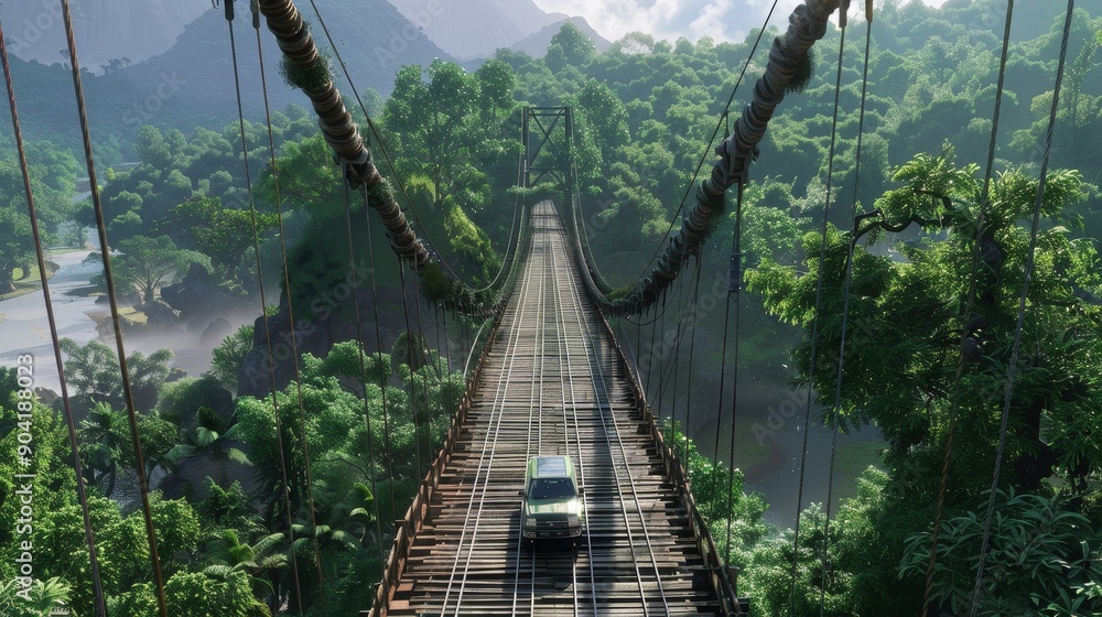 Obraz premium Car driving on a suspension bridge over a lush green jungle in a remote location