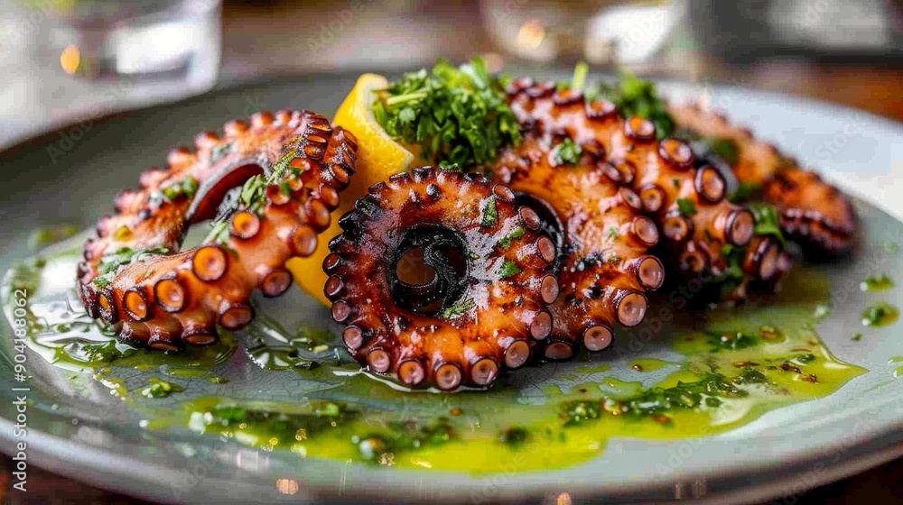 Grilled octopus with lemon and parsley served on a plate with green sauce Grilled octopus with lemon and parsley served on a plate with green sauce