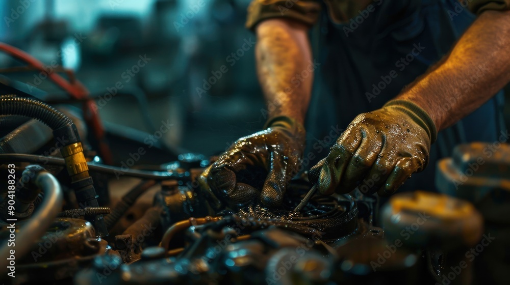 A mechanic works intently on an engine, using his hands to repair components covered in oil and dirt A mechanic works intently on an engine, using his hands to repair components covered in oil and dirt