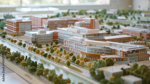 Generate a photo realistic image of a maquette depicting a healthcare campus with hospitals, medical research facilities, and patient care centers; ensure the image is of high resolution for clear