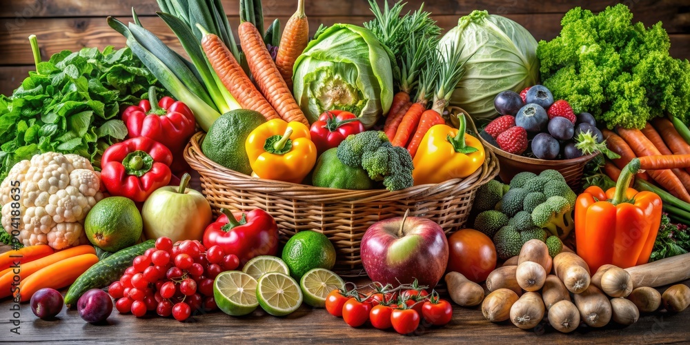 Fresh assortment of healthy vegetables and fruits, organic, nutritious, produce, farm, market, colorful, vibrant, natural Fresh assortment of healthy vegetables and fruits, organic, nutritious, produce, farm, market, colorful, vibrant, natural