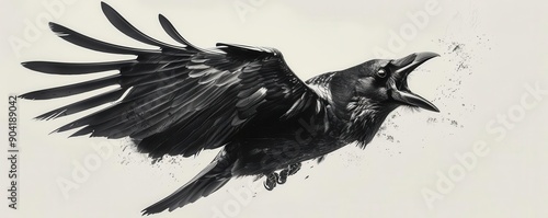 A black raven with wings spread, flying and calling out.