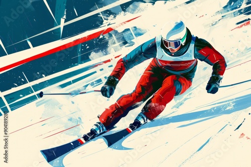 A retro-futuristic graphic design of a skier racing downhill, with bold colors and geometric shapes, in the style of Bauhaus-inspired digital art