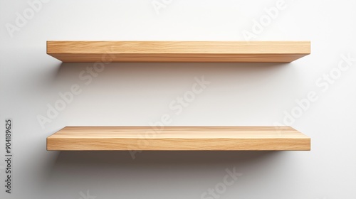 Fototapeta Naklejka Na Ścianę i Meble -  Minimalist wooden shelves mounted on white wall displaying clean home decor aesthetic, 3d illustration.