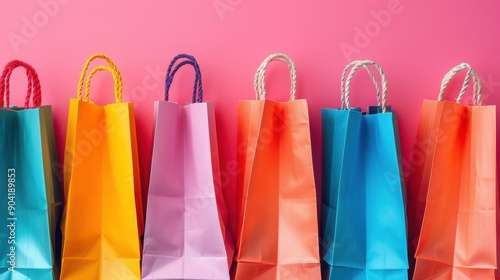 Colorful shopping bags arranged pleasingly on a pink background. photo