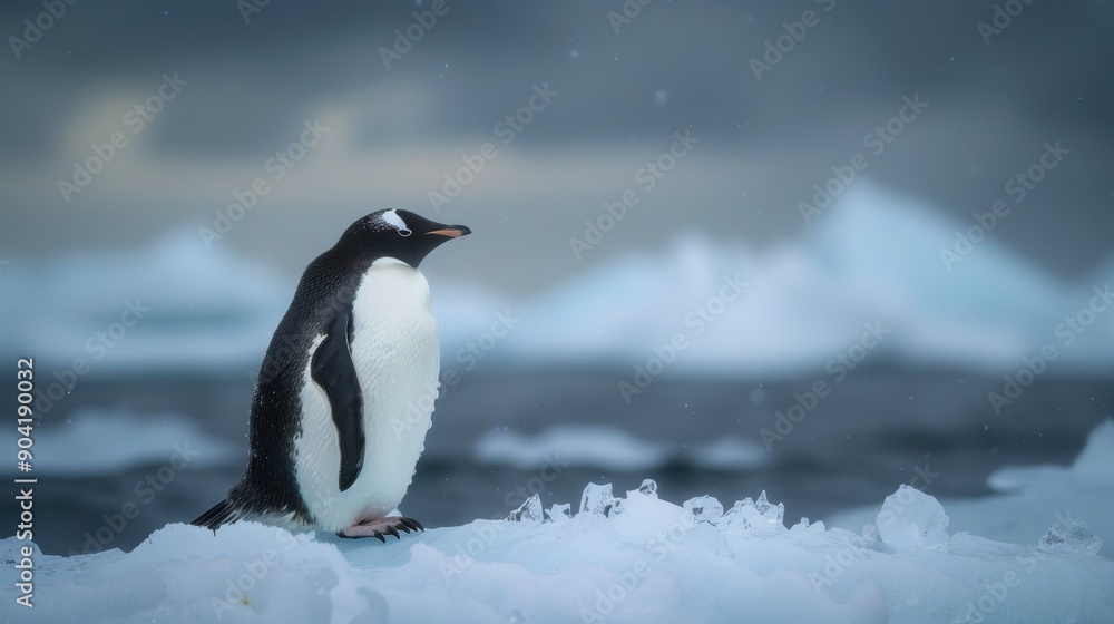 Naklejka premium Single penguin standing on a piece of ice in a vast landscape.