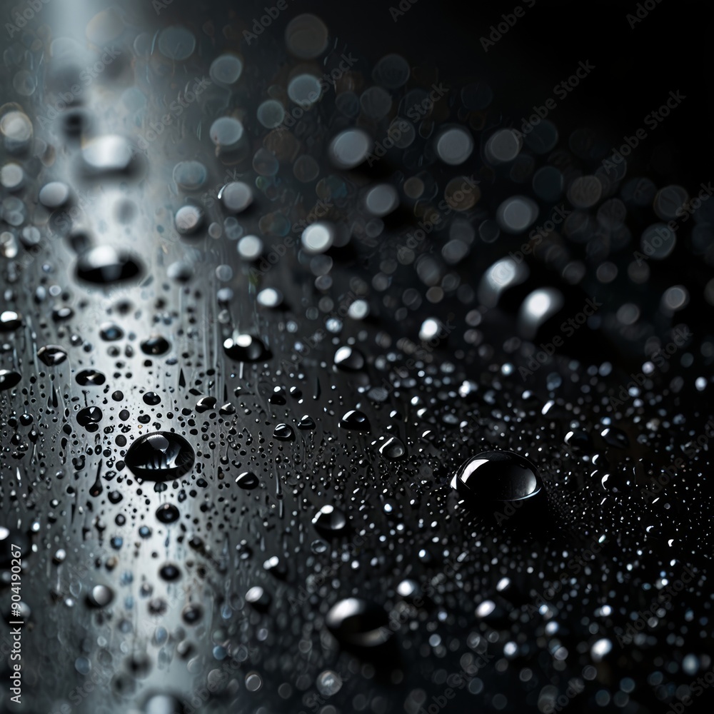 A black glass surface with water drops on it, the drops are large and reflect the surrounding space A black glass surface with water drops on it, the drops are large and reflect the surrounding space