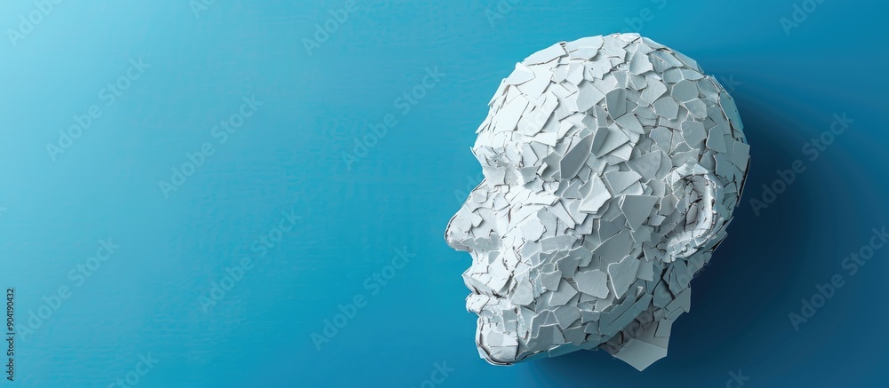 A paper human head adorned with mosaic on a blue background symbolizes a social concept of cooperation among like minded people in this copy space image A paper human head adorned with mosaic on a blue background symbolizes a social concept of cooperation among like minded people in this copy space image