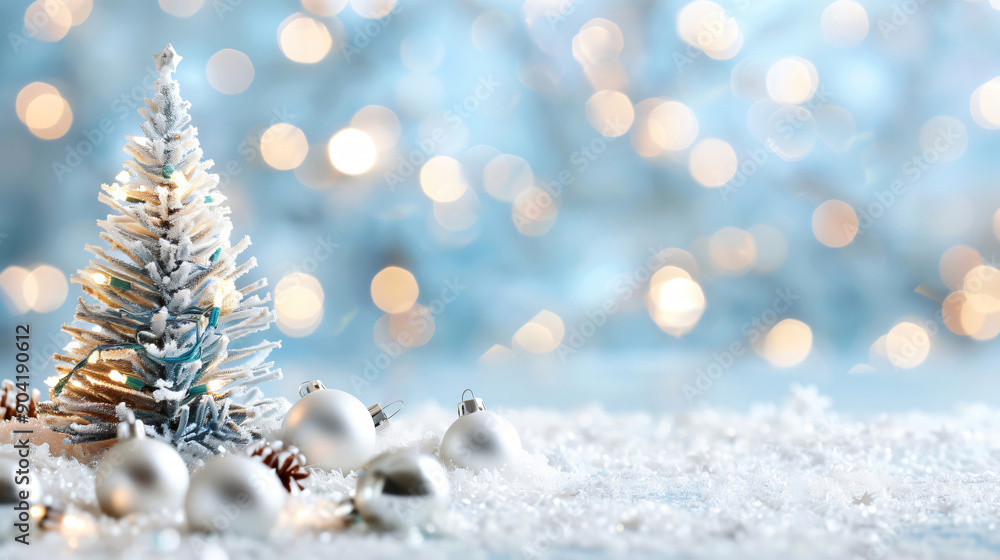 xmas background with tiny christmas tree, silver baubles, fake snow and bokeh lights xmas background with tiny christmas tree, silver baubles, fake snow and bokeh lights