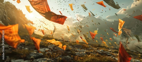 Many prayer flags billowing in the wind creating a serene scene with a peaceful ambiance around them perfect for a copy space image