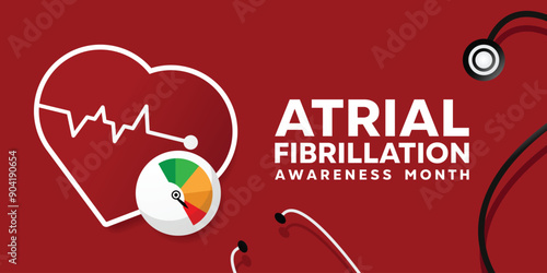 National Atrial Fibrillation Awareness Month. Heartbeat, stethoscope and more. Great for cards, banners, posters, social media and more. Red background.
