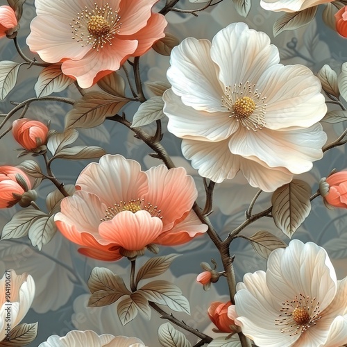 A pattern of soft pink and cream flowers in the style of oil paint on a grey background. Generative AI