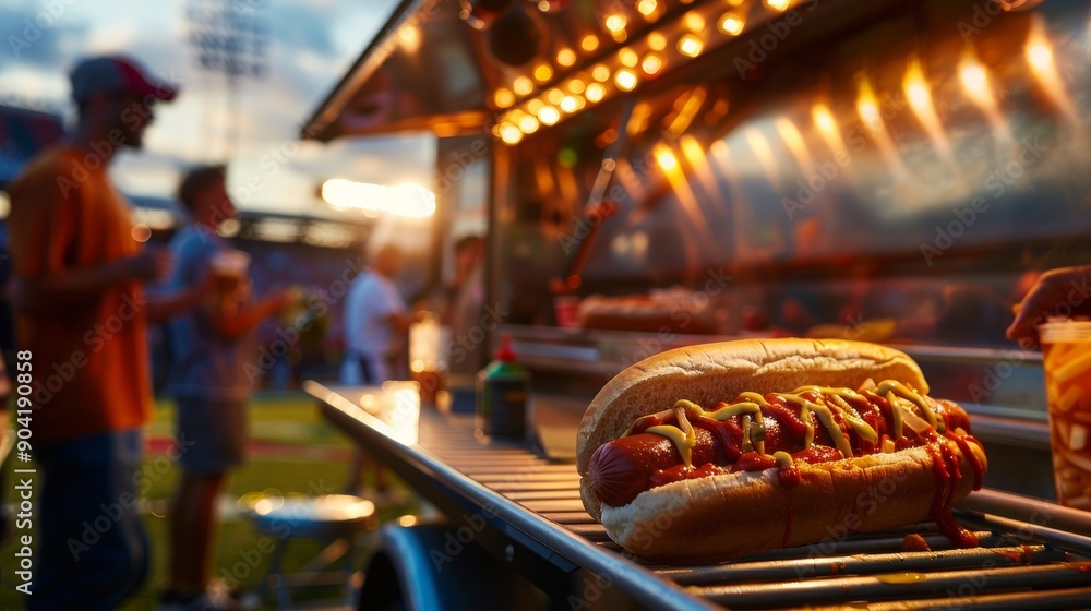 Fototapeta premium Close-up of a tasty hot dog with toppings at a evening sports event, perfect for food and lifestyle concepts.