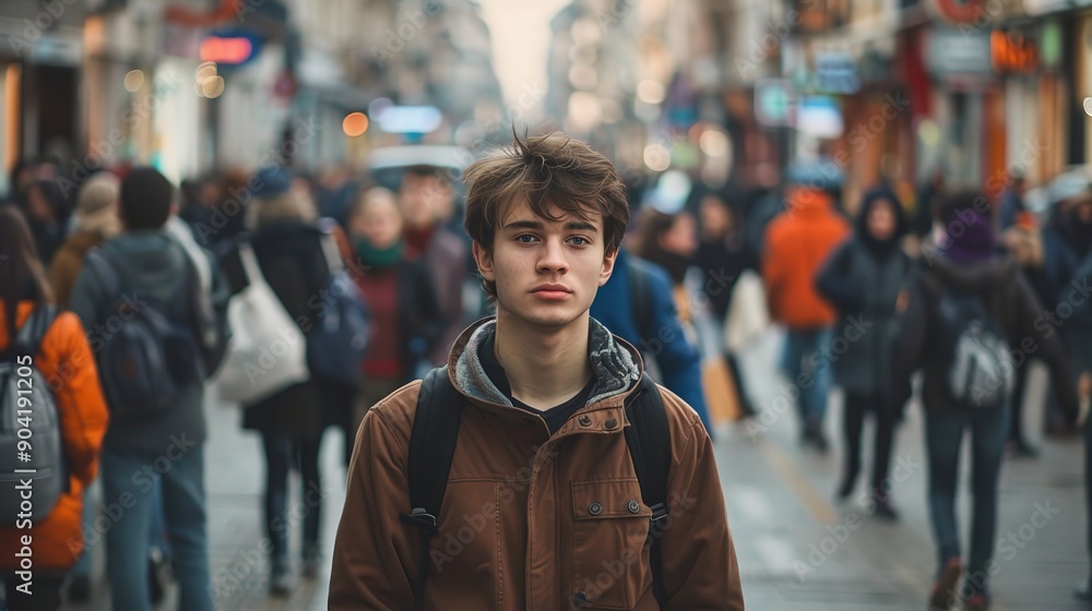 In the center of a busy street stands a young man, Generative AI. In the center of a busy street stands a young man, Generative AI.