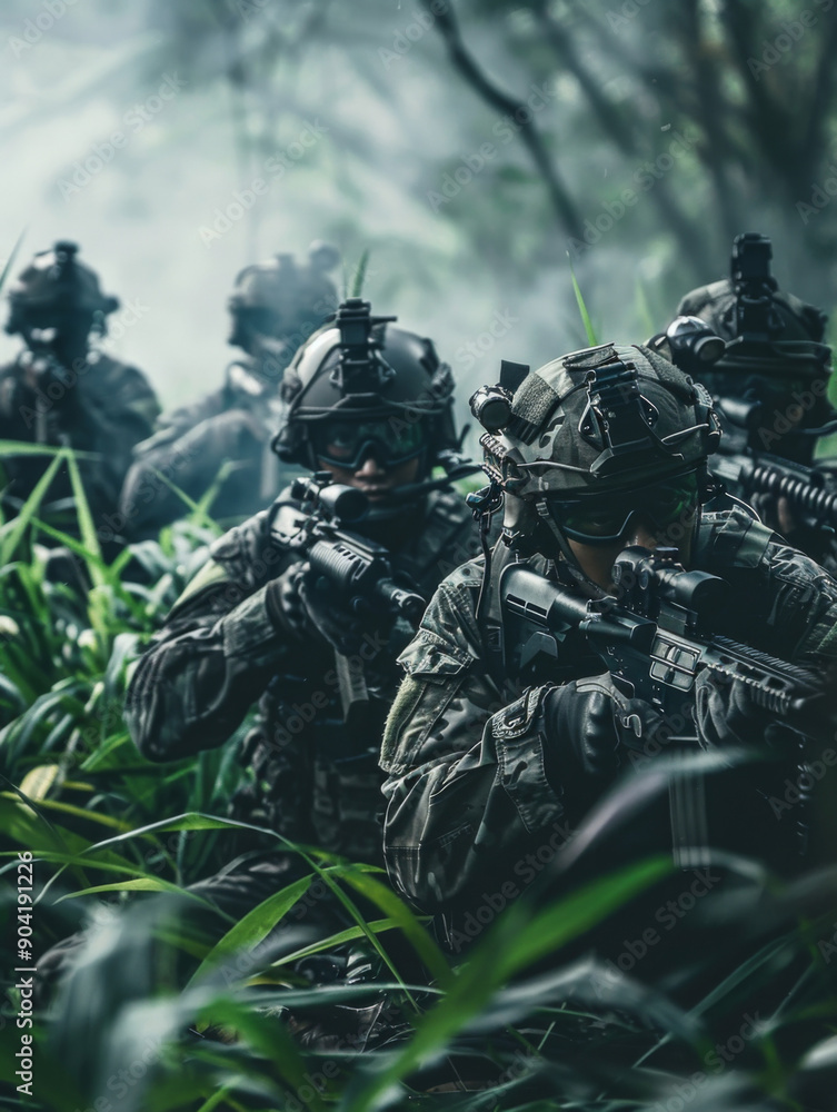 A group of careful soldiers are in a jungle, with one of them holding a rifle A group of careful soldiers are in a jungle, with one of them holding a rifle