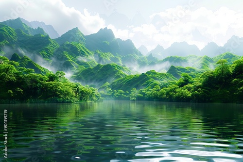 A large body of water surrounded by lush green mountains