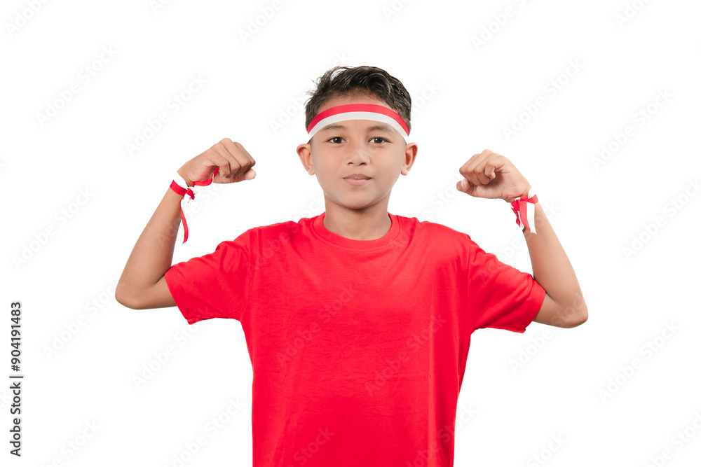 Indonesian independence day theme. Indonesian boy in red shirt with red and white headband isolated on white background