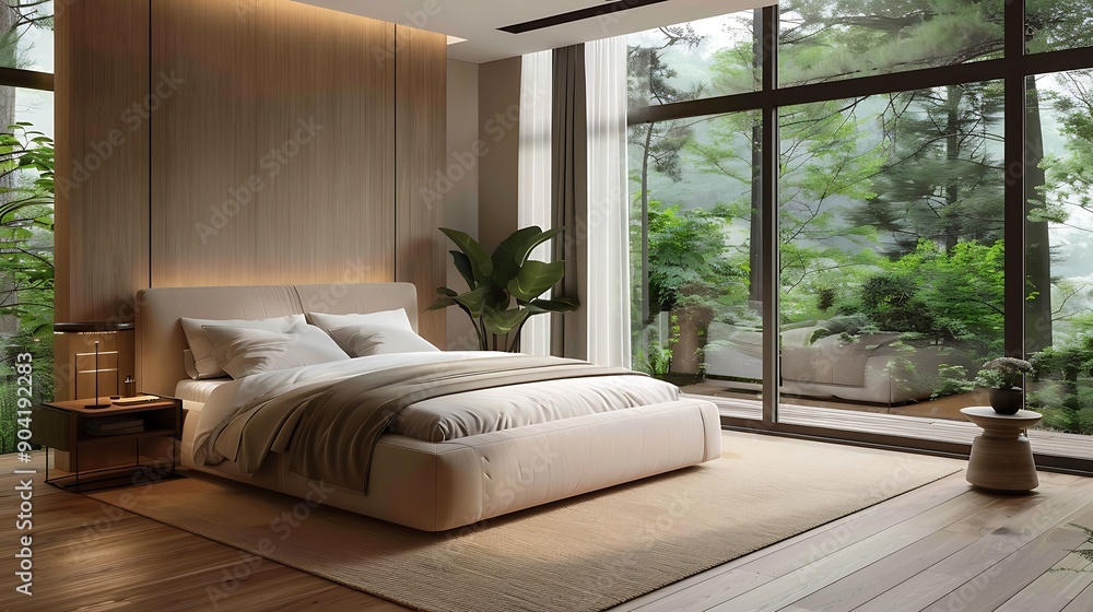 A contemporary bedroom with a king-size bed, neutral tones, large windows with sheer curtains, sleek furniture, simple and elegant decor, wooden flooring, cozy and stylish atmosphere, hd quality, A contemporary bedroom with a king-size bed, neutral tones, large windows with sheer curtains, sleek furniture, simple and elegant decor, wooden flooring, cozy and stylish atmosphere, hd quality,