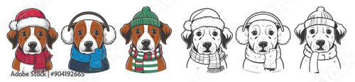 Dog dressed in winter outfits, scarf, Santa hat, earmuffs, beanie vector illustration set, Generative AI