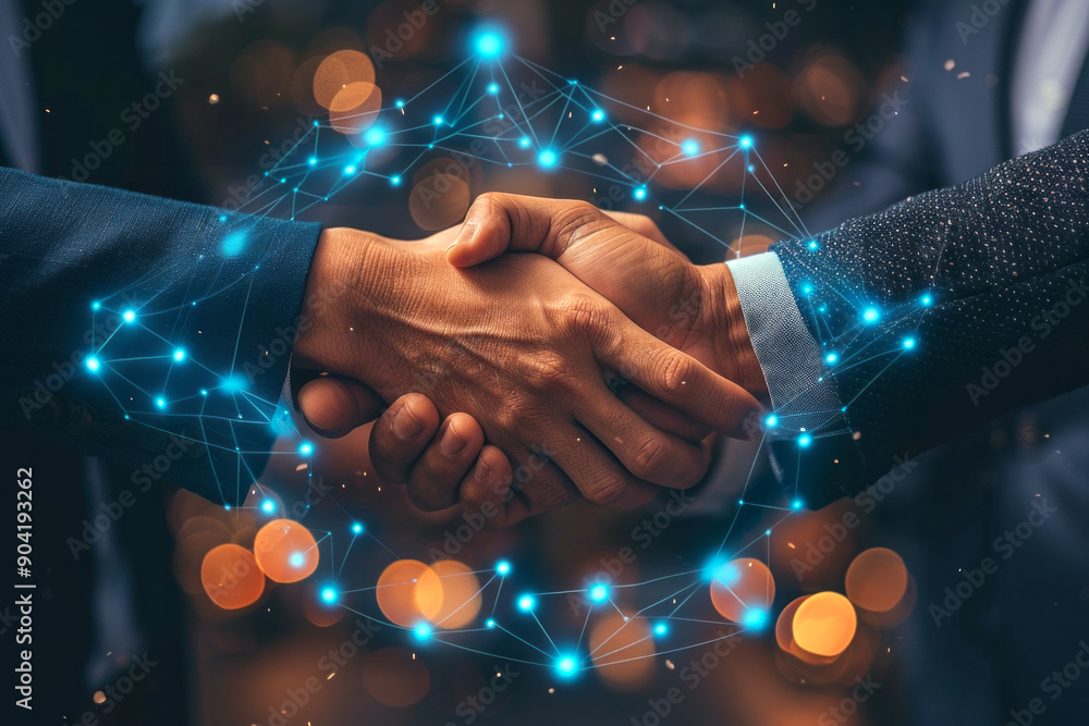 Close-up of a business handshake with a digital network overlay, symbolizing partnership, collaboration, and modern technology. Perfect for business, partnerships, or tech-related content Close-up of a business handshake with a digital network overlay, symbolizing partnership, collaboration, and modern technology. Perfect for business, partnerships, or tech-related content