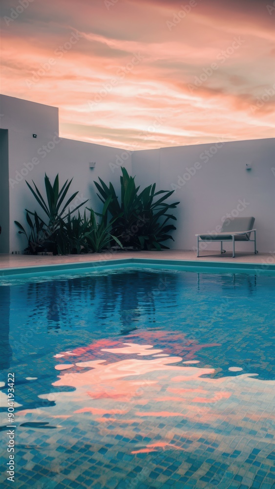 Fototapeta premium A pool with a chair and sun lounger in the middle of it, AI