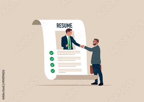 Candidate get new job with best resume. Resume profile to apply for new job. Handshake with employer. Modern vector illustration in flat style.