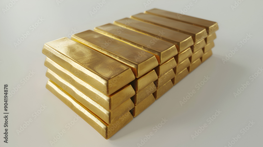 Neatly Stacked Thin Rectangular Gold Bars on White Background Neatly Stacked Thin Rectangular Gold Bars on White Background