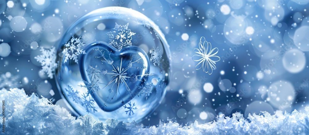 Blue Christmas background featuring a heart in a transparent sphere surrounded by snowflakes with room for text in the copy space image Blue Christmas background featuring a heart in a transparent sphere surrounded by snowflakes with room for text in the copy space image