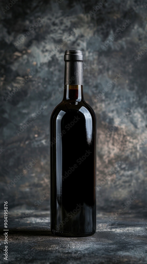 Close-up of an elegant unopened dark-red wine bottle with a cork stopper on a grey surface against a textured background, showcasing the red wine inside. Close-up of an elegant unopened dark-red wine bottle with a cork stopper on a grey surface against a textured background, showcasing the red wine inside.