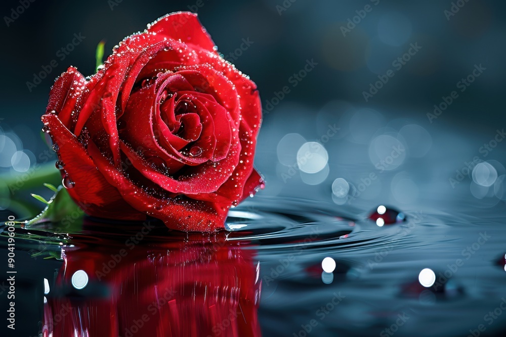 Water Rose A close-up shot of a vibrant red rose with water droplets adorning its ...