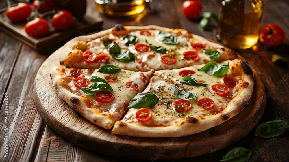 Margherita pizza with fresh basil and cherry tomatoes on wooden board. concept of traditional italian cuisine and comfort food. Margherita pizza with fresh basil and cherry tomatoes on wooden board. concept of traditional italian cuisine and comfort food.