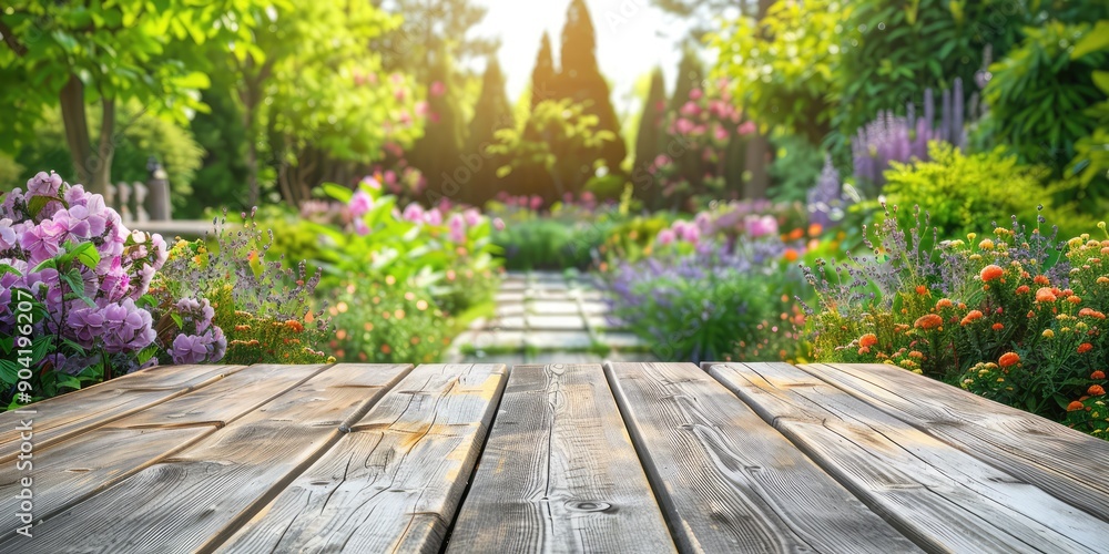 Mock up wooden table outside against nature background. AI generation Mock up wooden table outside against nature background. AI generation