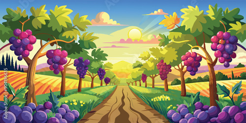  In a sun-drenched vineyard, vibrant clusters of ripe grapes hang from the vines, promising the rich flavors of summer's bounty captured in each plump fruit vector art illustration