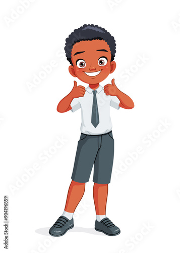 Little African American school boy showing thumbs up. Cartoon vector illustration.