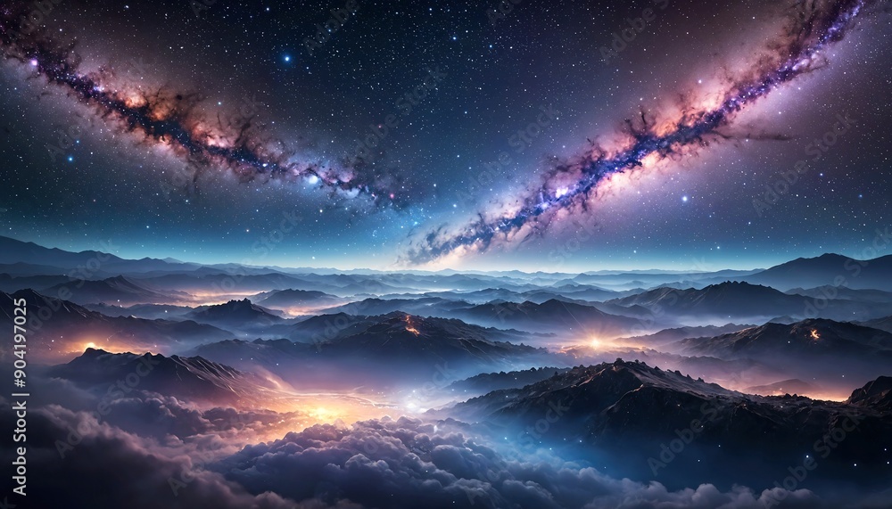 Fototapeta premium Nighttime Mountain Landscape with Cosmic Nebula, Majestic View of Clouds and Stars