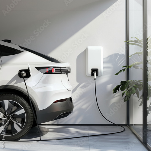 A white car is charging at a charging station