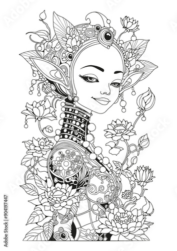 Cute fairy with flowers smiles. Coloring page. Art therapy for children and adults. Black and white illustration for coloring.