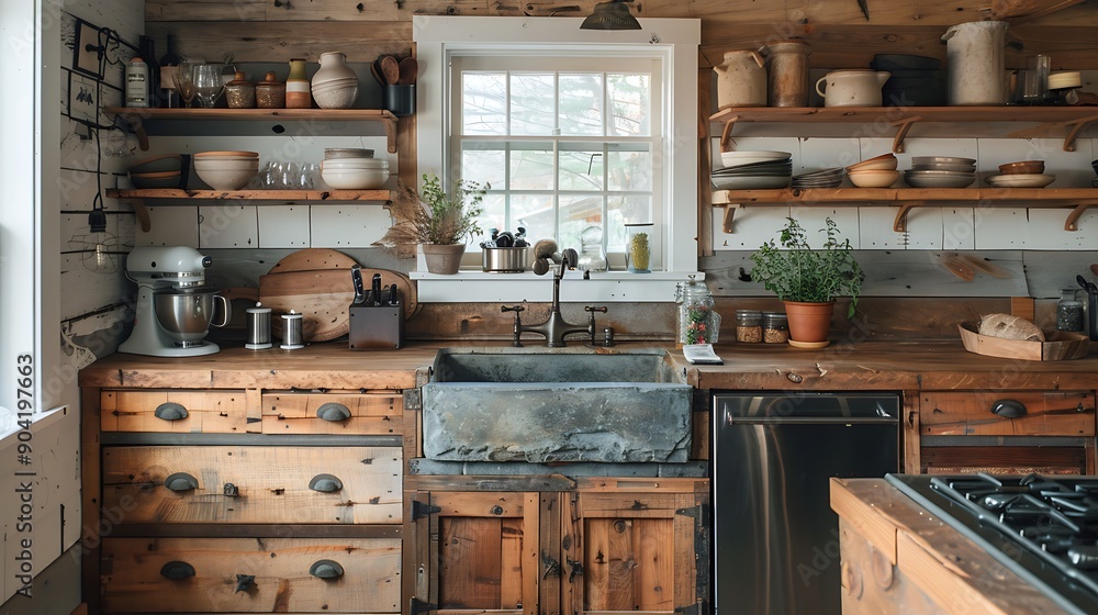 A rustic kitchen with reclaimed wood cabinets, farmhouse sink, stone countertops, vintage appliances, open shelving, and a cozy, homely ambiance, hd quality, natural look. --ar 16:9 --v 6. A rustic kitchen with reclaimed wood cabinets, farmhouse sink, stone countertops, vintage appliances, open shelving, and a cozy, homely ambiance, hd quality, natural look. --ar 16:9 --v 6.