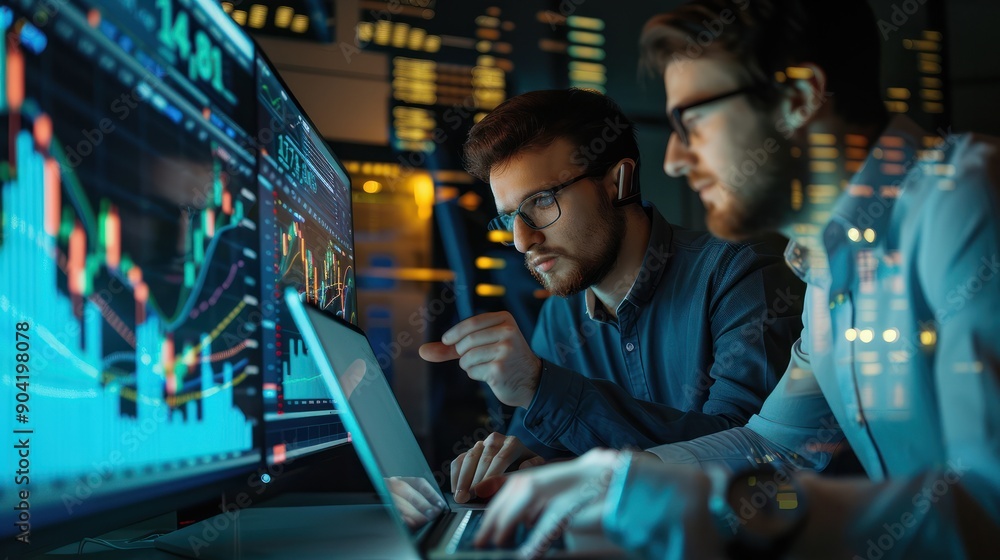 Two people data analysts men in office working together at laptop looking at chart poiting at monitor Two people data analysts men in office working together at laptop looking at chart poiting at monitor