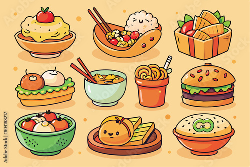 Cute Cartoon Illustration of Various Food Dishes