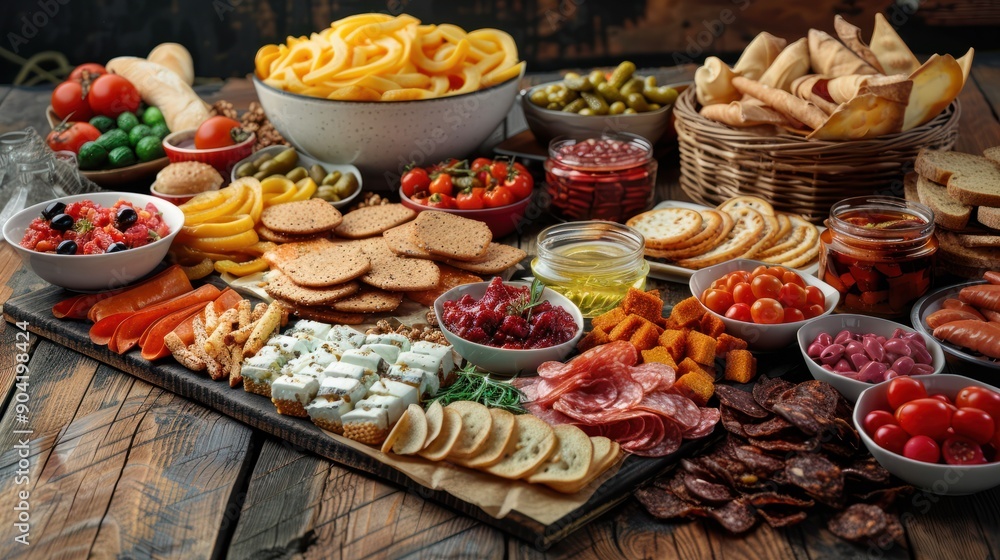 Variety of party foods and snacks on wooden table Variety of party foods and snacks on wooden table