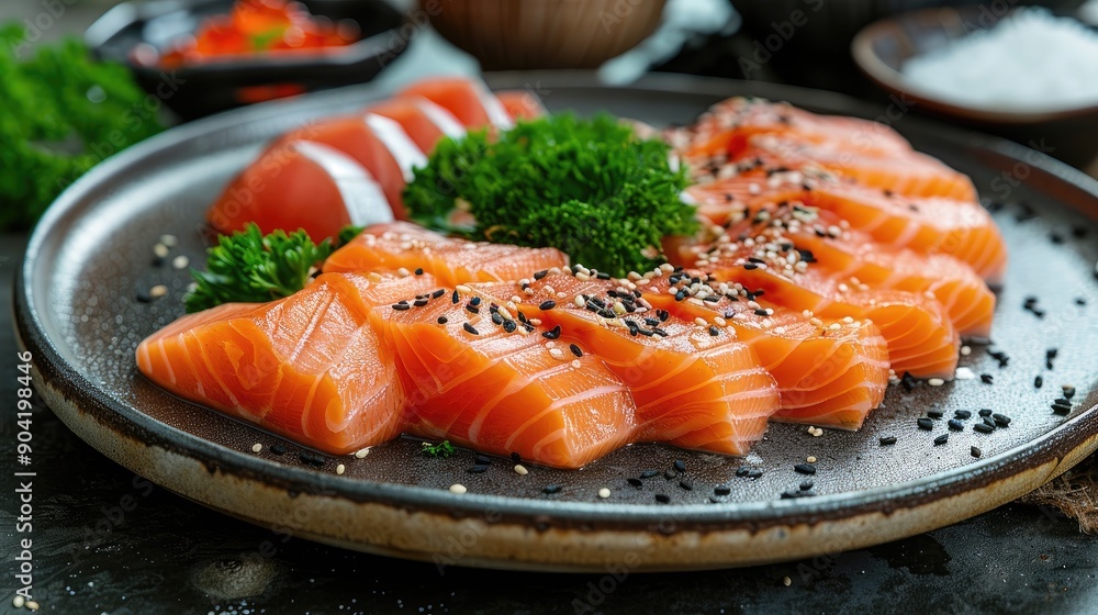 Thinly sliced pieces of fresh salmon sashimi arranged elegantly with green garnishing, sprinkled with black sesame seeds, set on a brown ceramic plate. Thinly sliced pieces of fresh salmon sashimi arranged elegantly with green garnishing, sprinkled with black sesame seeds, set on a brown ceramic plate.